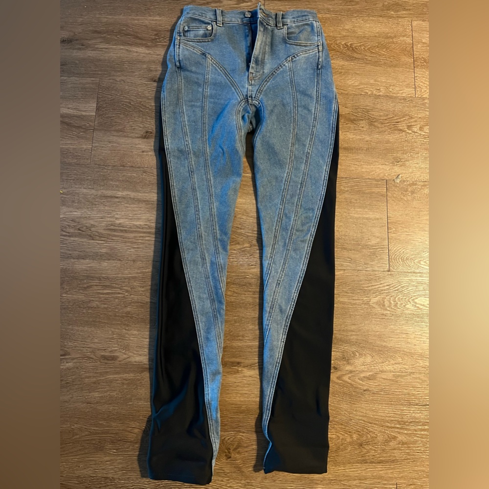 MUGLER BLUE & BLACK BI-MATERIAL SPIRAL JEANS